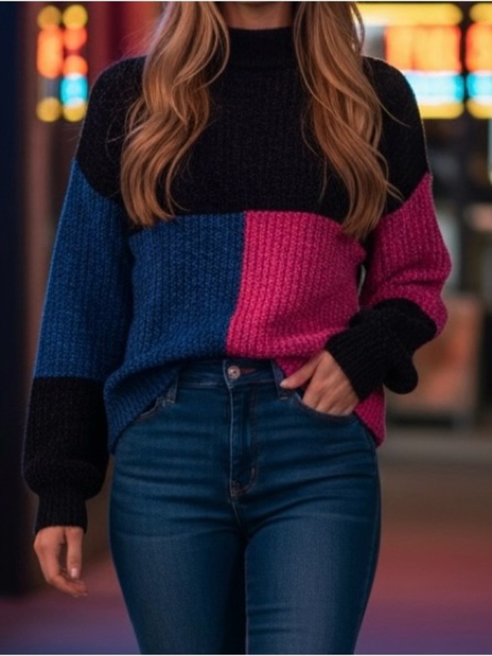 Colorblock Crewneck Sweater - Black, Pink & Blue